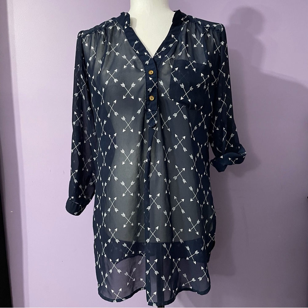 Ardene Navy Sheer Blouse with Cross Arrow Design Size Small